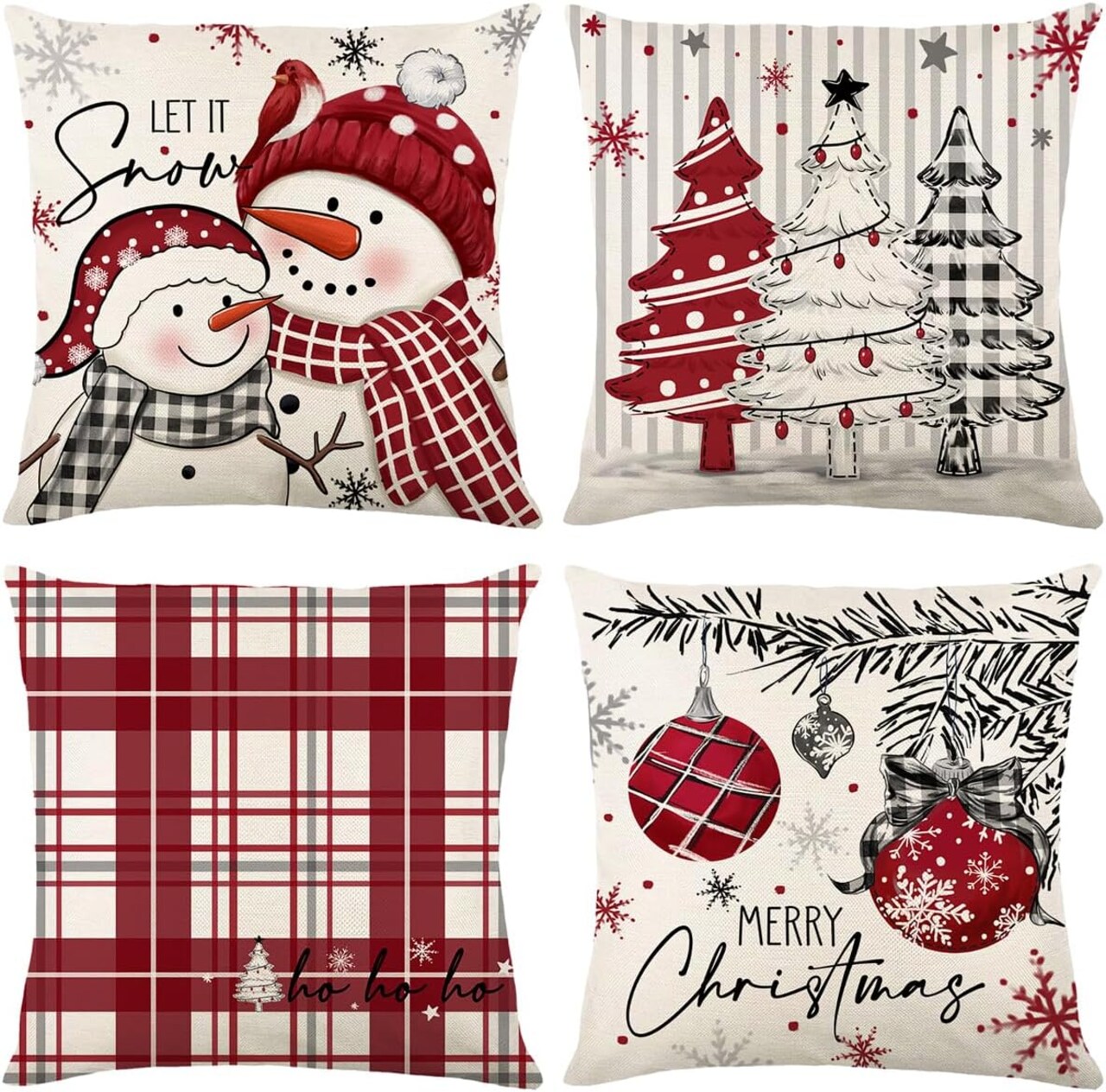 Christmas Pillow Covers Set of 4 for Xmas Decorative Pillowcase Winter Holiday Throw Cushion Case for Home Christmas Decor (Snowman Xmas Tree) (Red, 18”x18“)